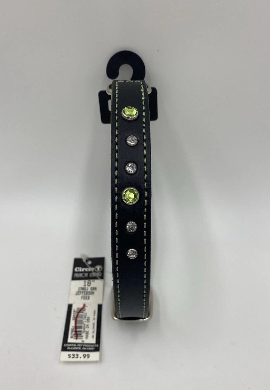 NEW Circle T Leather Studded Rhinestone Collar Black Lime Green 18” Inch Dog NWT